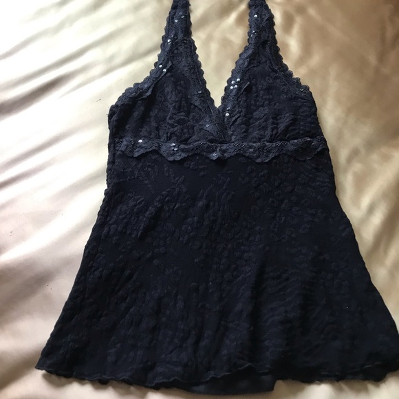 Rampage Black Lace Halter Top with Black Sequin Trim Detail Double Lined Large - Picture 10 of 15